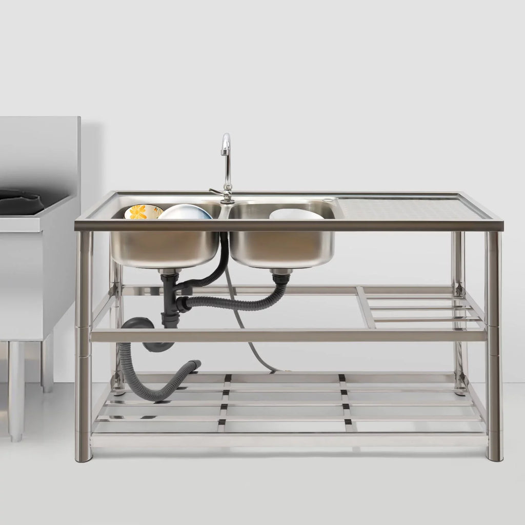 Sink Double Sink Prep Utility Basin Restaurant Aiqidi & Freestanding Bowl Kitchen with Steel Commercial Faucet+Drainpipe Stainless