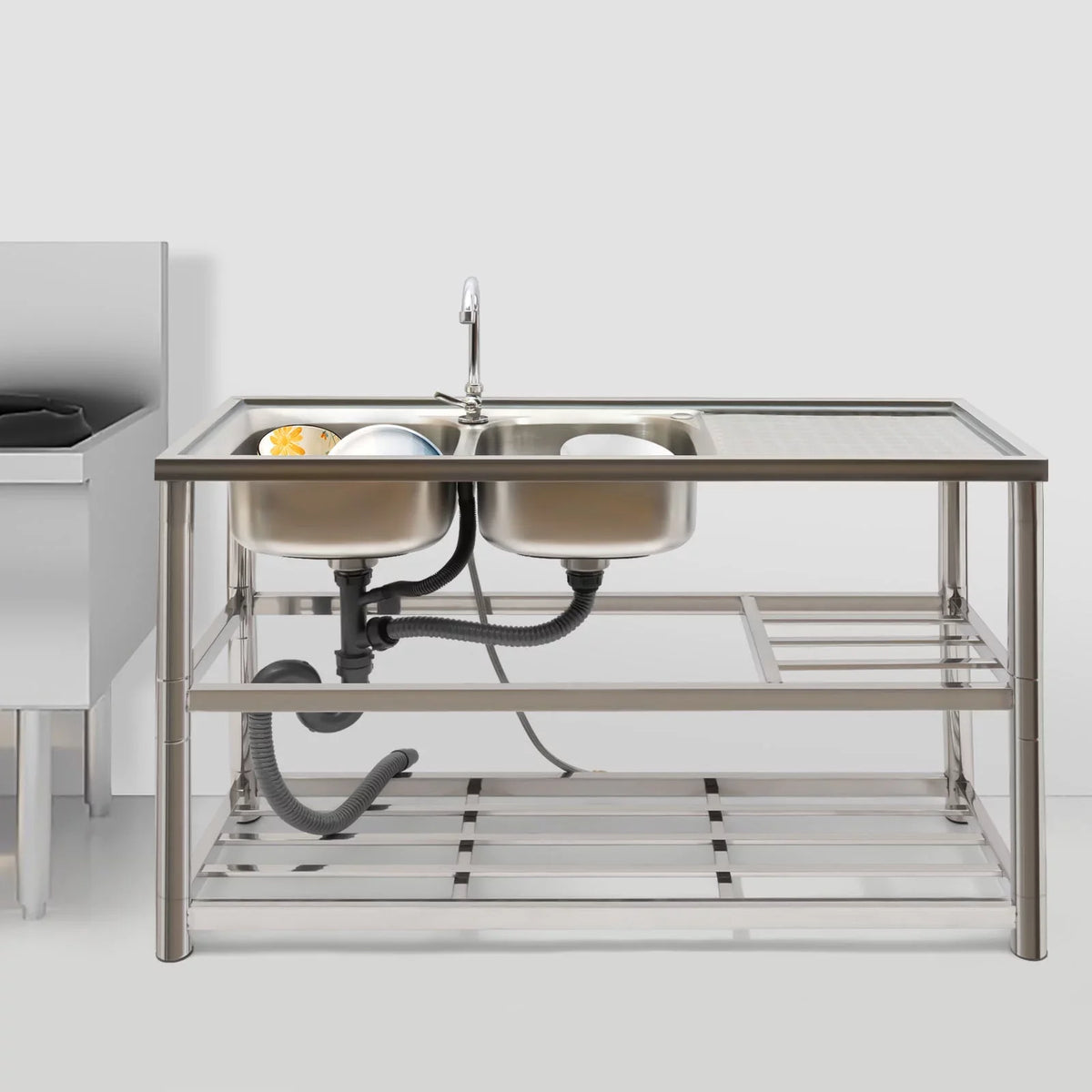 Sink Double Sink Prep Utility Basin Restaurant Aiqidi & Freestanding Bowl Kitchen with Steel Commercial Faucet+Drainpipe Stainless