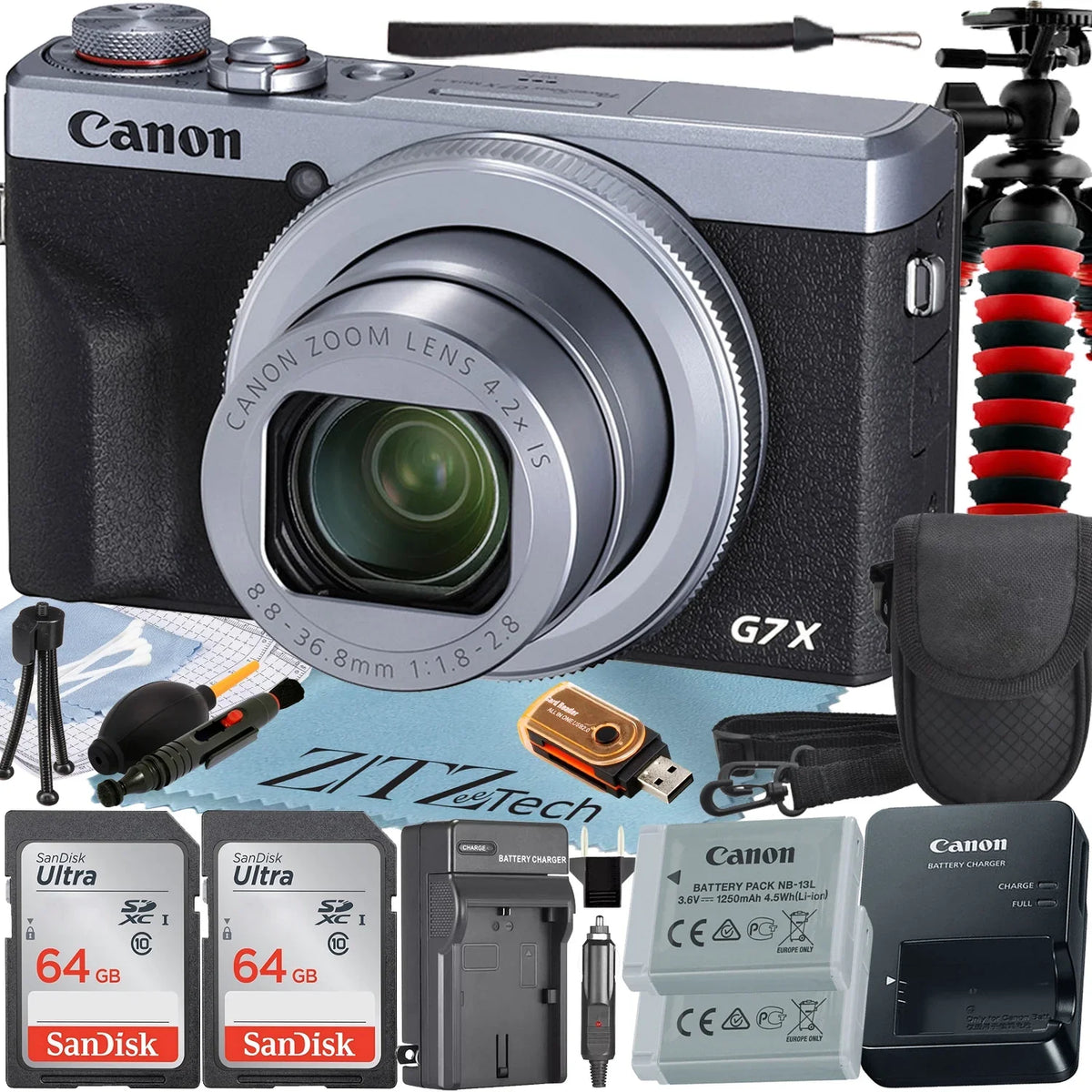 G7 with Canon Case SanDisk Card PowerShot + Professional Bundle + Mark Digital Memory Camera (Silver) 2 Pieces Tripod ZeeTech III + X 64GB