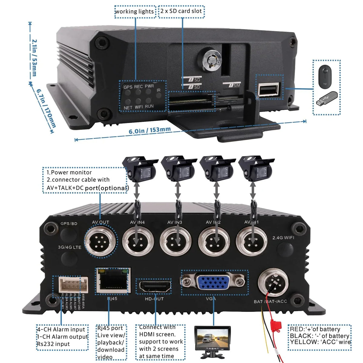 Mobile Waterproof Channel JOINLGO View 2.0MP 4 AHD Kit 10 Car Side Recorder 1080P Screen Night Camera DVR H.264 Vision Vehicle MDVR Car with Rear Video inches Front