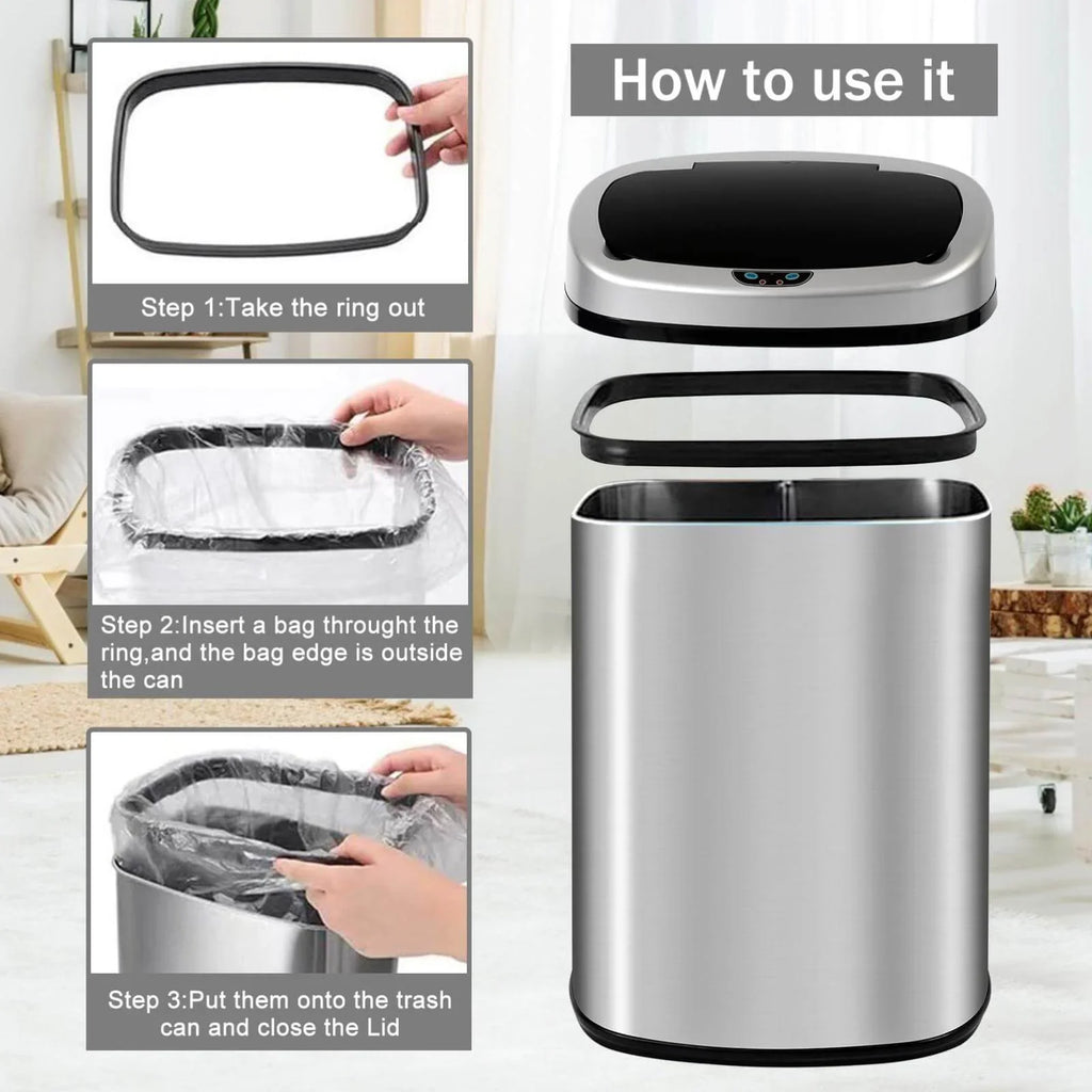 Lid, Can Anti-Fingerprint Touch-Free Kitchen Home, 13 Mute Stainless NiamVelo Gallon Sensor, Can with Automatic Bin for Waste & Designed Garbage Silver Trash Motion with Steel Office