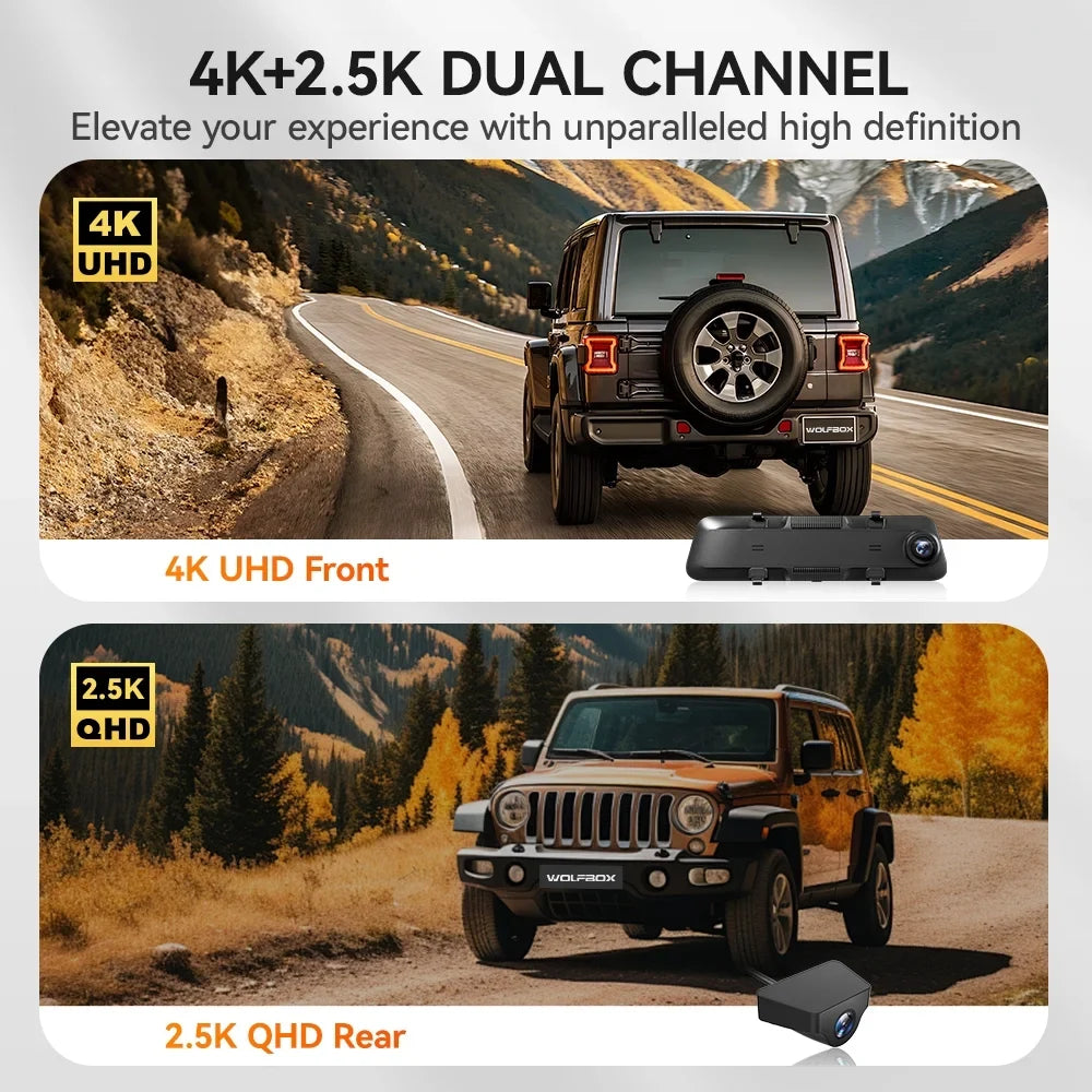 Card Mirror Cam, Cam Camera, and 4K 2.5K & WDR, with Dash Dash WOLFBOX Dash 64GB for GPS Camera Rear View Car Free 12" Night Mirror Vision, Front Rear Rearview
