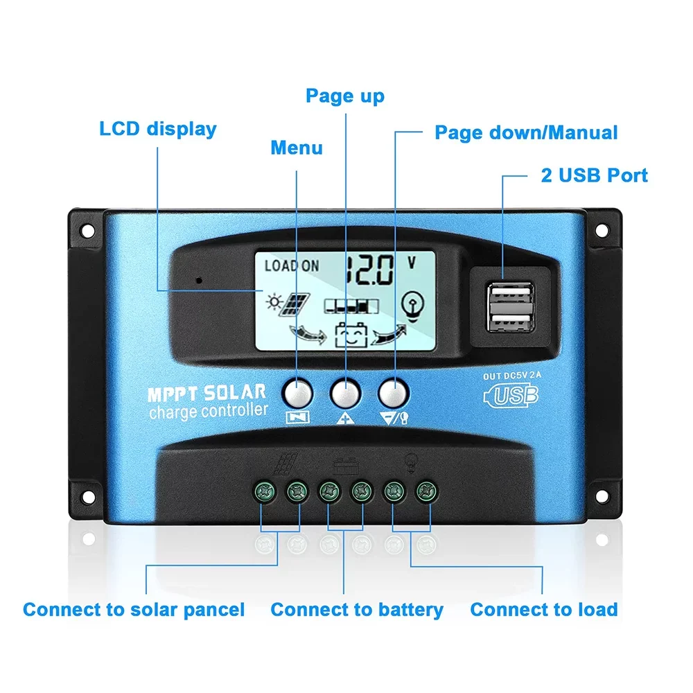 30A USB, MCU Timer(Blue) Control, Dual Controller, Charge Regulator MPPT Controller, Solar Panel Charger Build-in Efficiency, Solar Charging High
