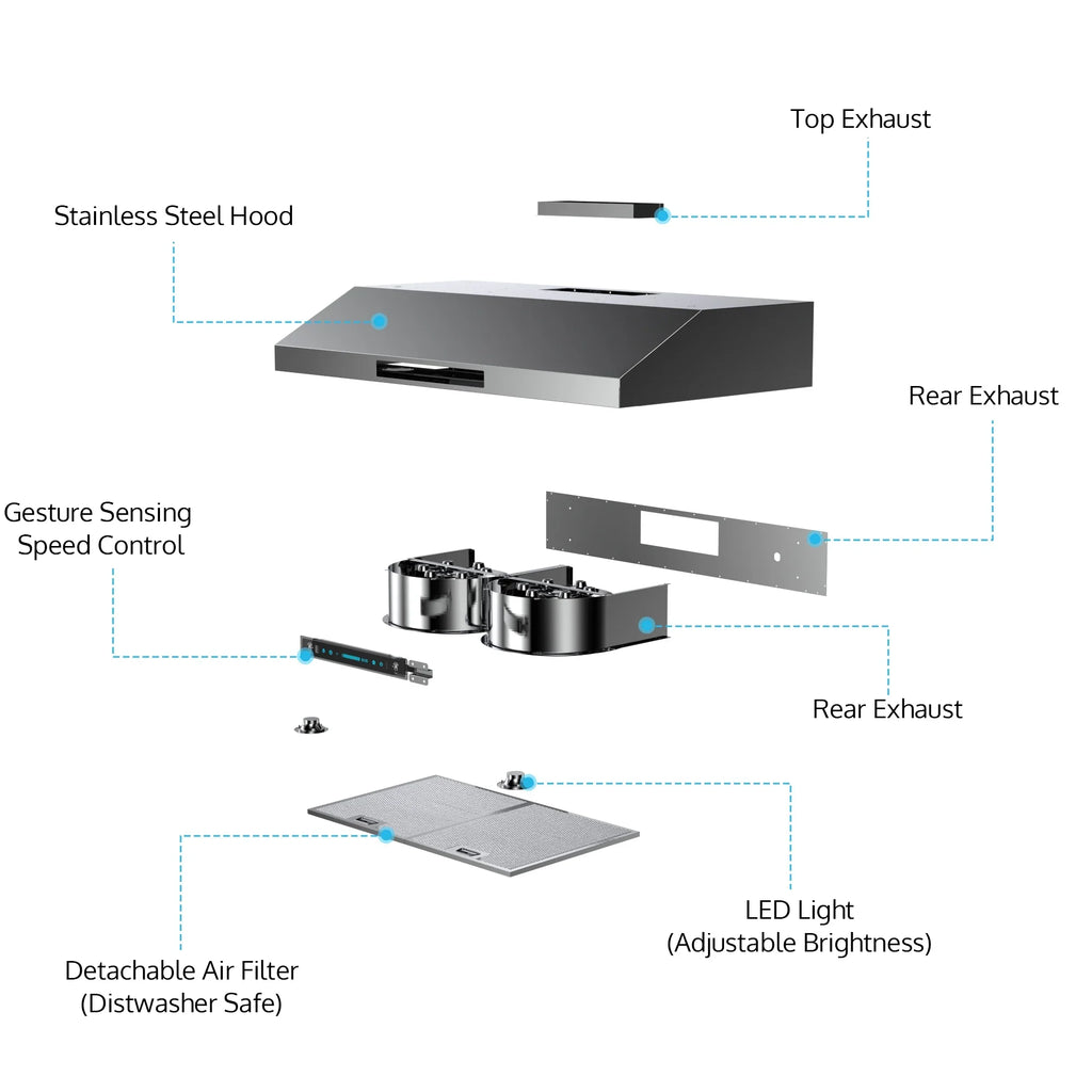 Gesture Inch Sensing&Touch Stainless Kitchen Steel Control Panel, Under Hoods HisoHu Speed 4 900-CFM, Cabinet 30 Vent with Range