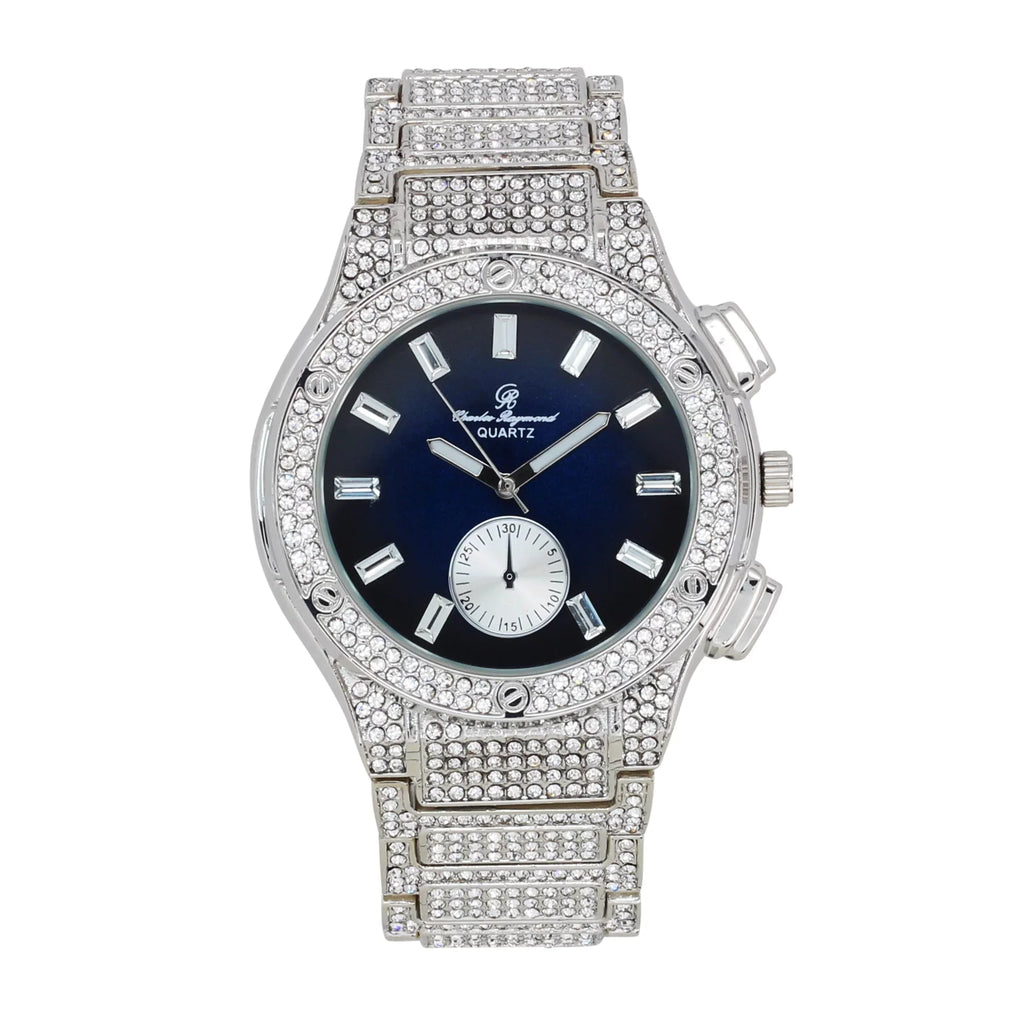 '- -C Out Blast on Rhinestones Blue Hop by Inspired Raymond Diamond Watch - SLV Charles Men's Timepiece- MB Bling Hip ST10311 Iced Big