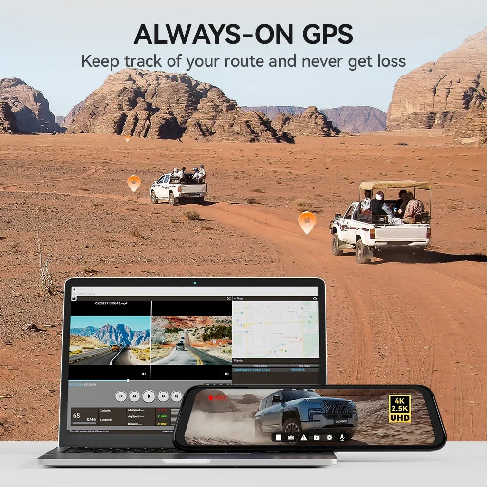 Card Mirror Cam, Cam Camera, and 4K 2.5K & WDR, with Dash Dash WOLFBOX Dash 64GB for GPS Camera Rear View Car Free 12" Night Mirror Vision, Front Rear Rearview