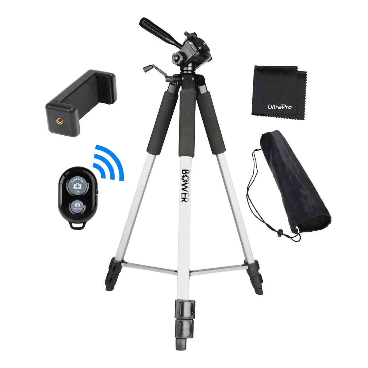 Cell UltraPro Phone, Bonus 59" with Universal Control Tripod Aluminum Compatible Microfiber + with Full-Size Cloth UltraPro Inch Remote Camera Cleaning Includes Smartphone iPhone/Android Mount