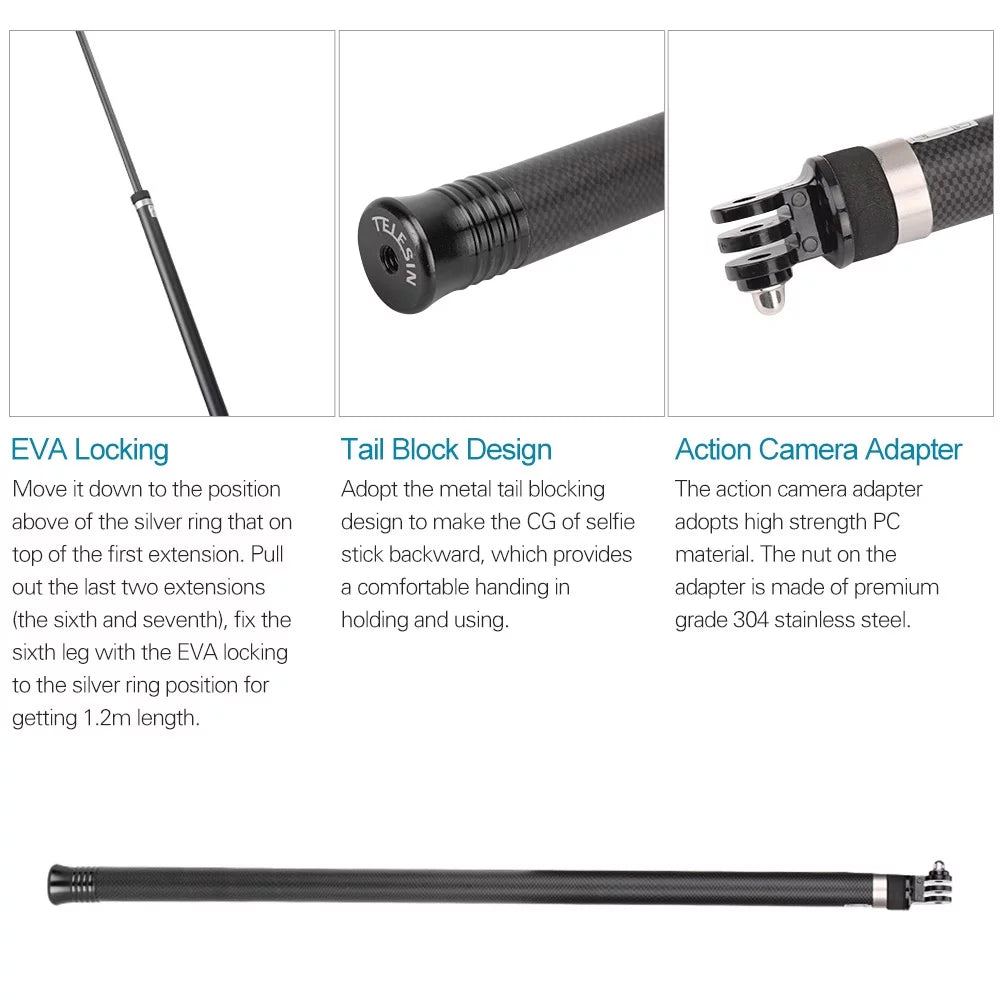 Stick Action Handheld OSMO 2.7M106 One 11109876Hero for R Extendable Carbon Selfie Hero GoPro Monopod Ultra for 5 Fiber Long Inch Lightweight Black(2018) Replacement Replacement Pole