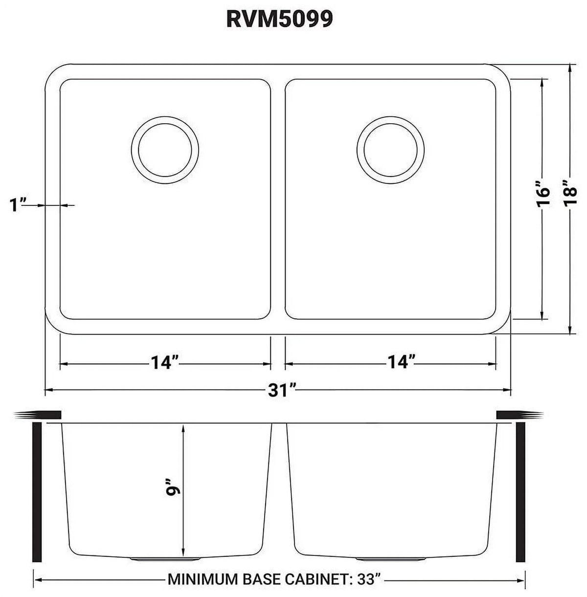 Steel RVM5099 31 USA Stainless Bowl Gauge Kitchen Undermount Ruvati Double 50-50 Sink 16 in.