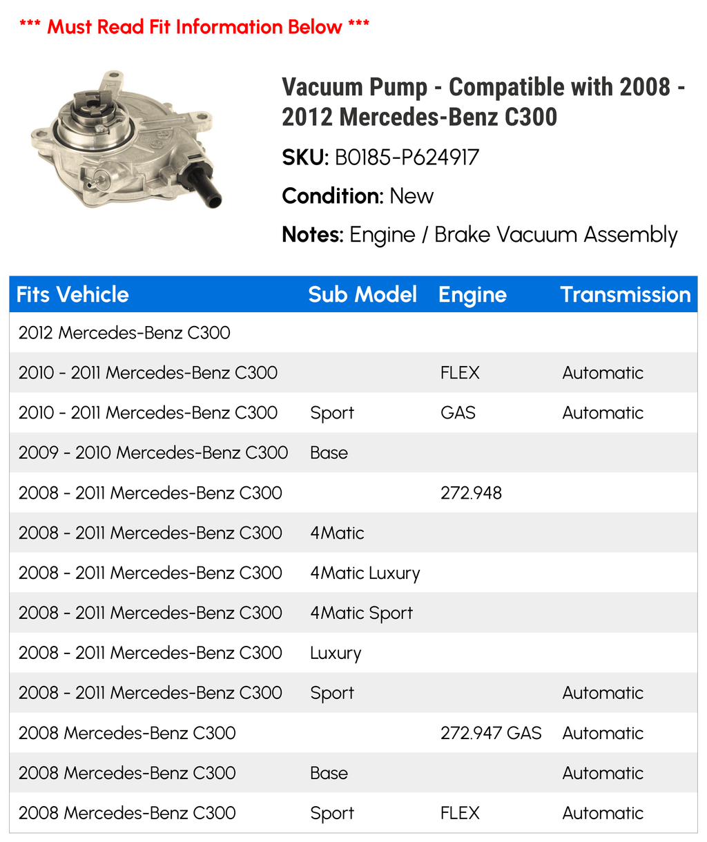 2008 2010 Compatible C300 2011 2009 - 2012 - with Vacuum Mercedes-Benz Pump