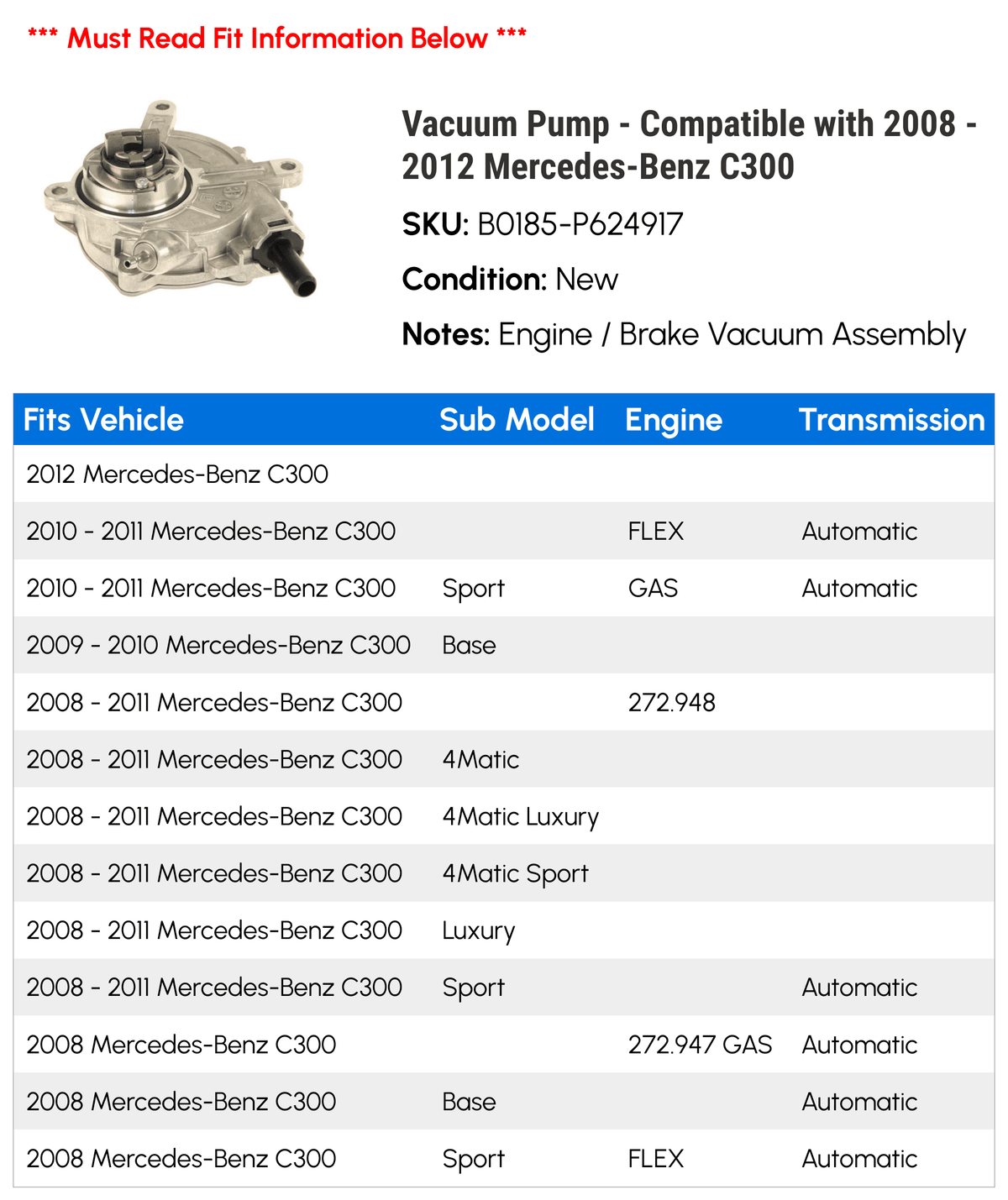 2008 2010 Compatible C300 2011 2009 - 2012 - with Vacuum Mercedes-Benz Pump