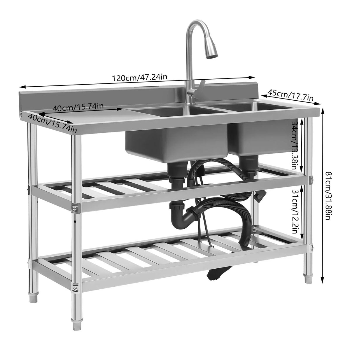 Stainless Sink Utility Kitchen with Steel and Cold Double Sink, Bowl Faucet Hot Wuzstar High Commercial