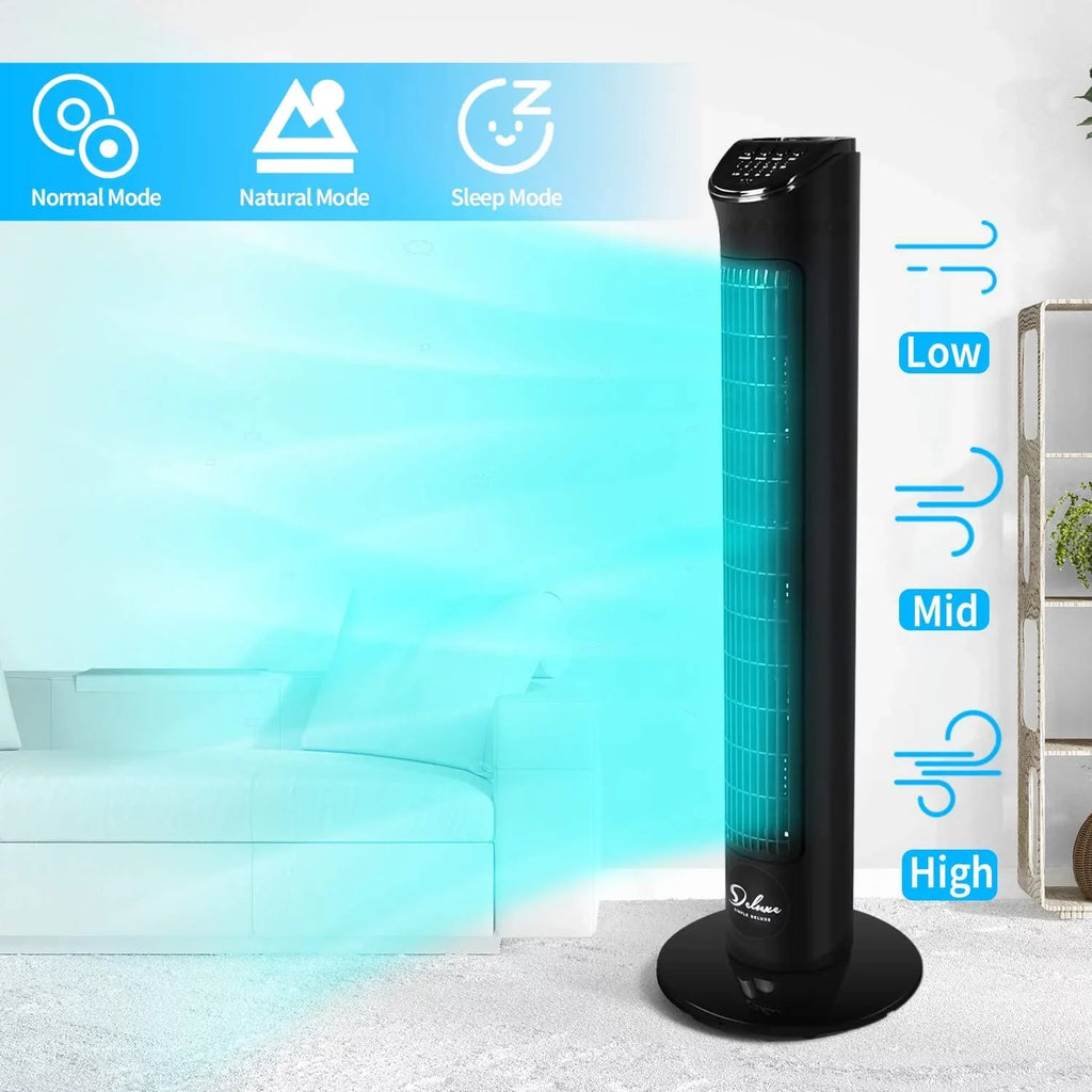 32"Tower Simple Oscillating Black Floor Bladeless with 90° Standing Fan Speeds, Remote, Fans, 4 Fan, with Deluxe Fan