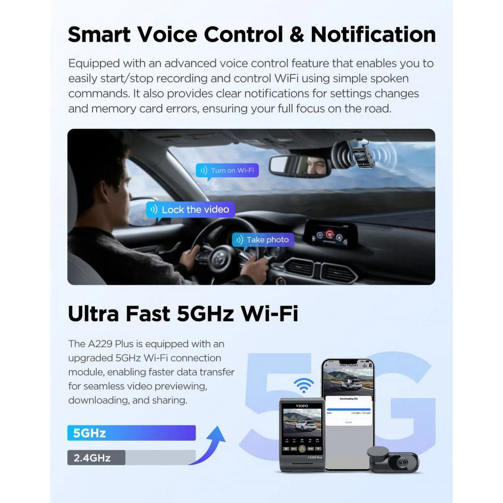 with A229 QHD Support Max Voice 2, VIOFO Cam 2-Channel Dash 2K/2K Wi-Fi, Control, GPS, Mode, Plus STARVIS 512GB Parking
