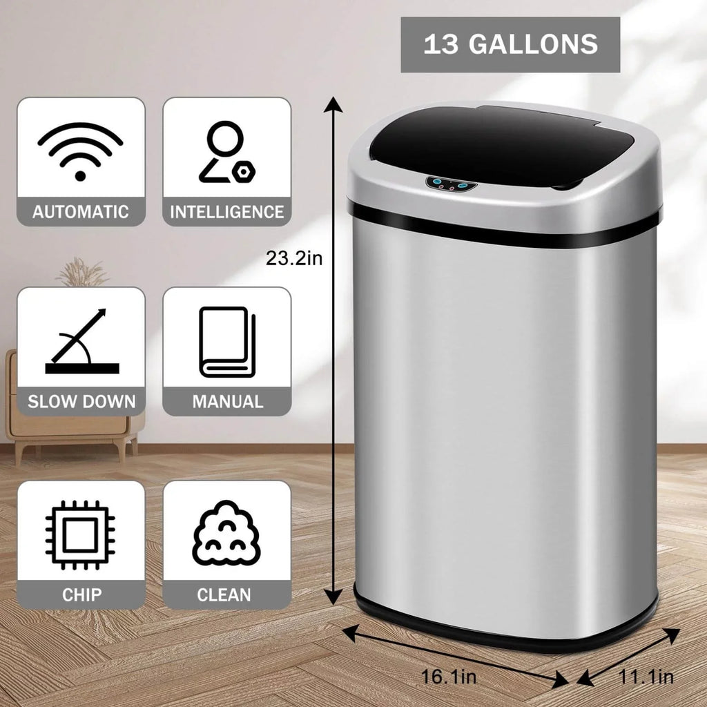 Lid, Can Anti-Fingerprint Touch-Free Kitchen Home, 13 Mute Stainless NiamVelo Gallon Sensor, Can with Automatic Bin for Waste & Designed Garbage Silver Trash Motion with Steel Office