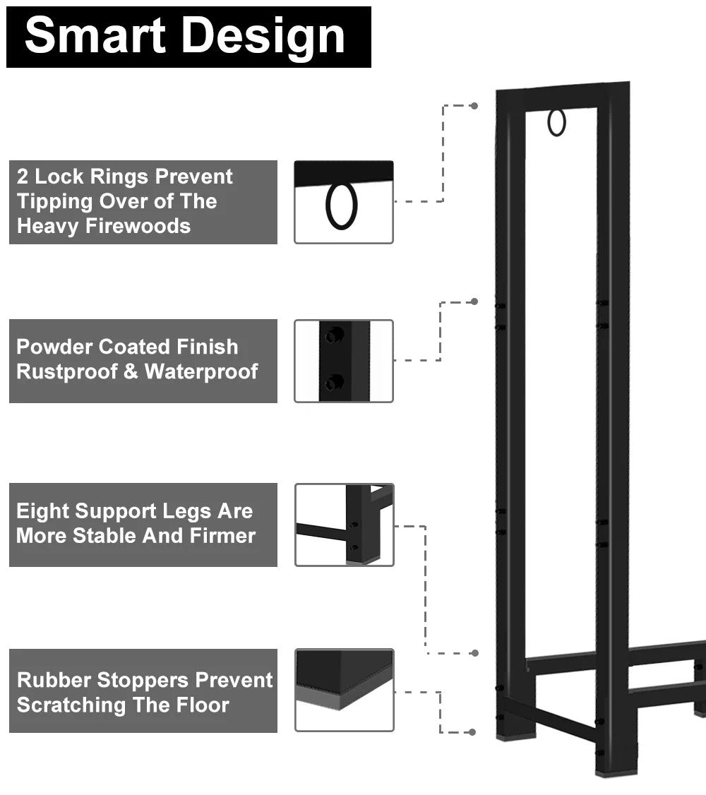Stand, Fire 8Ft Outdoor Log Fireplace Rack for Wood Stacker Black Koutemie Storage, Holder Adjustable Firewood